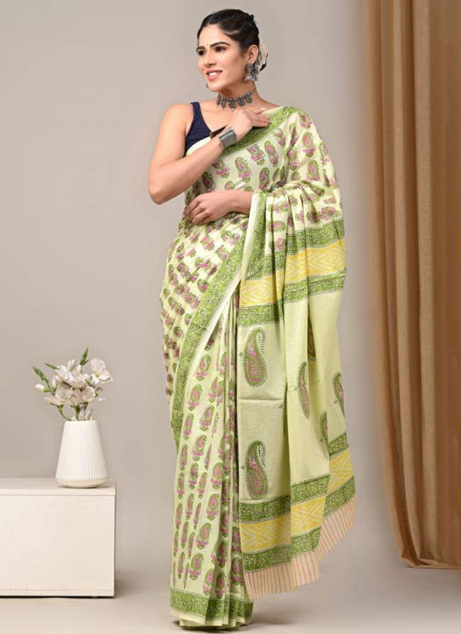 Cotton Pista Green Casual Wear Printed Saree